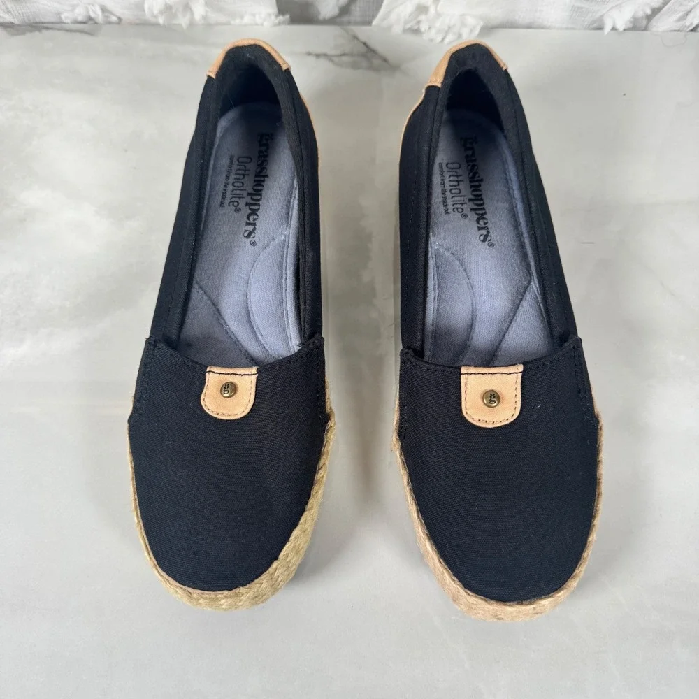 Grasshoppers Canvas Espadrilles Flats Comfort Shoes Black Tan Slip On Neutral 6N